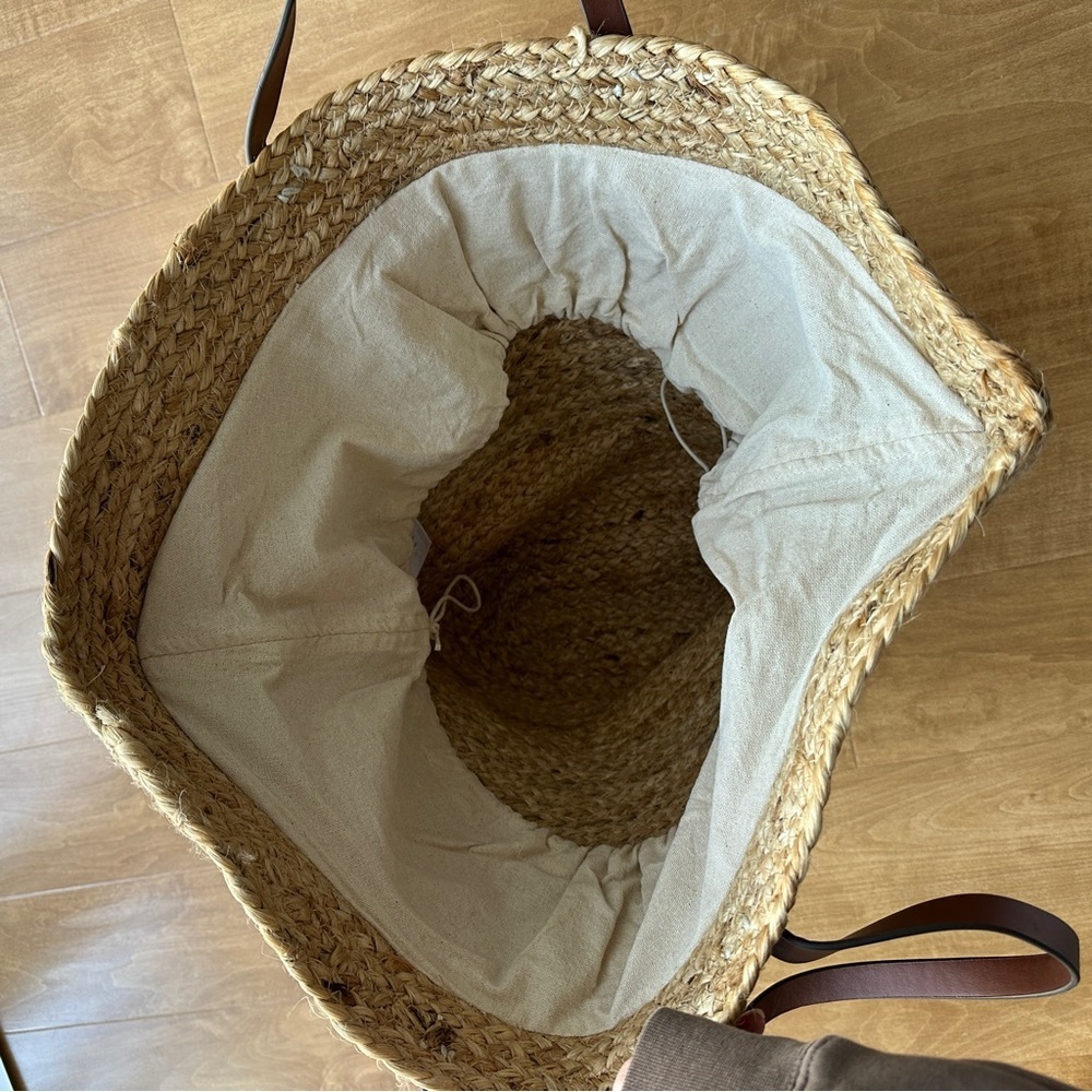 Mango Jute Basket Bag, Large Beach Tote, Drawstring Vacation Leather Handle Bag - Picture 12 of 15